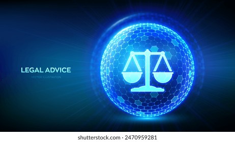 Labor law, Lawyer, Attorney at law, Legal advice concept. Justice icon inside protection sphere shield with hexagon pattern. Internet law as digital online legal services. Vector Illustration.