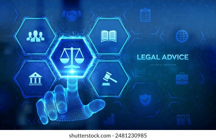 Labor law, Lawyer, Attorney at law, Legal advice concept on virtual screen. Internet law and cyberlaw as digital legal services or online lawyer advice. Hand touching digital interface. Vector. EPS10.