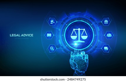 Labor law, Lawyer, Attorney at law, Legal advice concept on virtual screen. Internet law and cyberlaw as digital legal services or online lawyer advice. Hand touching digital interface. Vector. EPS10.