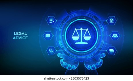 Labor law, Lawyer, Attorney at law, Legal advice concept on virtual screen. Internetlaw and cyberlaw as digital legal services or online lawyer advice. Law sign in wireframe hans. Vector illustration.