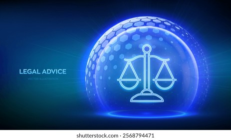 Labor law, Lawyer, Attorney at law, Legal advice. Justice icon inside transparent protection sphere shield with hexagon pattern. Internet law as digital online legal services. Vector Illustration.