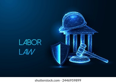 Labor law, legal protection, safety and justice in workplace futuristic concept in glowing low polygonal style on dark blue background. Modern abstract connection design vector illustration.