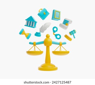 Labor law symbols above the libra. Legal justice service composition in 3D style. Cartoon vector render court building, judge gavel, handcuffs, documents and feather pen. Law and jurisprudence set