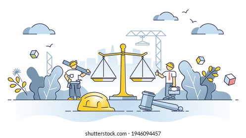 Labor law as worker legal regulation to protect job rights outline concept. Construction site with gavel as profession employment justice care vector illustration. Social security from authorities.