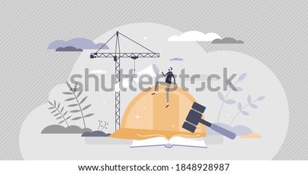 Labor law as worker, trade union and employer care regulation tiny person concept. Legal rights for working hours, salary, discrimination control and workplace contract protection vector illustration