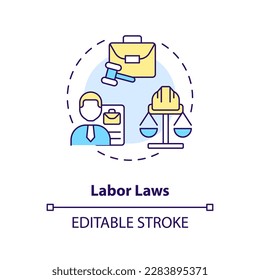 Symbol für Arbeitsgesetze Schutz der Arbeitnehmerrechte. Recht und Rechtsfragen abstrakte Idee dünne Illustration. Einzeln Umrisszeichnung. Bearbeitbarer Strich. Arial, Myriad Pro Fett Schriftarten verwendet