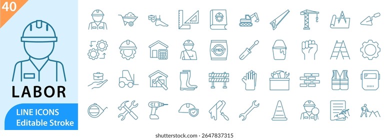 Conjunto de iconos editables de línea de trabajo. Iconos del trabajo. Contiene iconos relacionados con la mano de obra, la construcción y más. Ilustración vectorial.