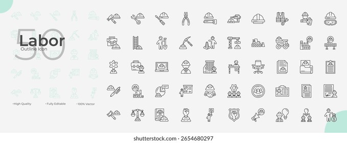 Conjunto de ícones editáveis da linha de mão de obra. Ilustração vetorial no estilo de linha fina moderna de ícones de trabalho: trabalho, engenheiro, manutenção, etc
