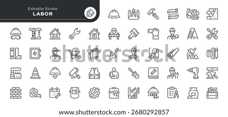Labor line icon set. Construction, renovation, build, builder, tool, helmet, excavator, roller, spatula, wheelbarrow, project and more. Outline icon in linear style. Vector collection.	