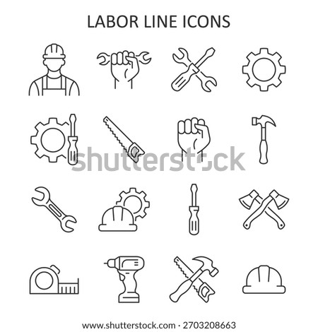 Labor line icons set for worker and constuction concept. Outline vector symbol of hand tools, gear, worker, hand with wrench, screwdriver, saw, helmet for industrial representation.