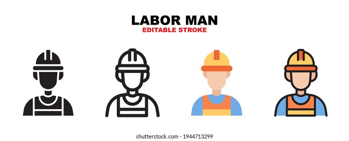 Labor Man icon set with different styles. Icons designed in filled, outline, flat, glyph and line colored. Editable stroke and pixel perfect. Can be used for web, mobile, ui and more.