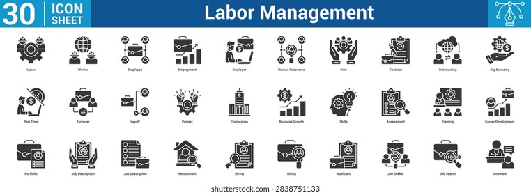 Labor Management editable icon set vector illustration concept for business with icon of Labor, Worker, Employee, Employment, Employer, Human Resources, Hrm, Contract, Outsourcing, Gig Economy, Par.