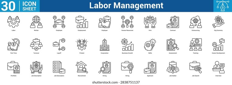 Labor Management editable icon set vector illustration concept for business with icon of Labor, Worker, Employee, Employment, Employer, Human Resources, Hrm, Contract, Outsourcing, Gig Economy, Par.