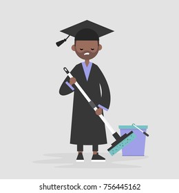 Labor market crisis: a university graduate   forced to work at the low-skilled job. Unemployment. Post-graduation problems. Young character wearing an academic robe and hat and moping the floor