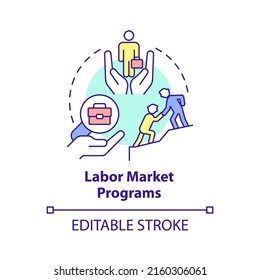 Labor market programs concept icon. Providing workplaces. Social protection abstract idea thin line illustration. Isolated outline drawing. Editable stroke. Arial, Myriad Pro-Bold fonts used
