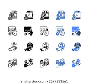 Mercado de trabajo, programa de formación, empleo, desarrollo de habilidades conjunto de iconos de estilo múltiple.