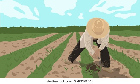 Labor migrant worker in hat digging soil with little shoulder on a green plowed field. Man who work hard in agricultural industry and who deserves protection of his rights. Horizontal banner.