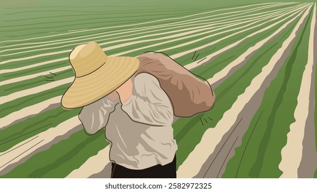 Labor migrant worker in hat with heavy bag on his shoulders, on a green plowed  field. Man who work hard in agricultural industry and who deserves protection of his rights.