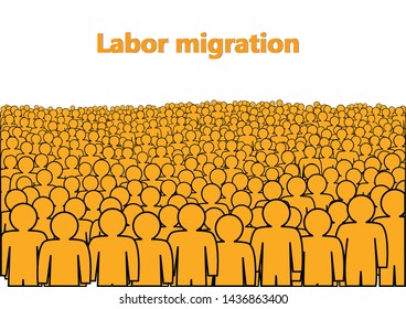 labor migration poster, a crowd of orange abstract  people isolated on a white background horizontcal  vector illustration