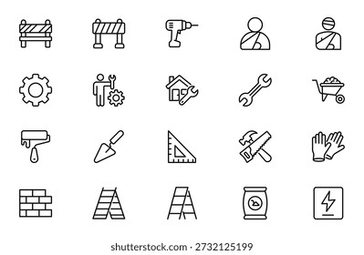 Conjunto de Ícones de Contorno de Trabalho - Construção, Renovação e Coleção de Símbolos Lineares do Dia do Trabalho em Estilo Mínimo Plano, Traço Editável, Ilustração Vetorial Moderna