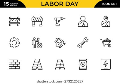 Conjunto de Ícones de Contorno de Trabalho - Construção, Renovação e Coleção de Símbolos Lineares do Dia do Trabalho em Estilo Mínimo Plano, Traço Editável, Ilustração Vetorial Moderna