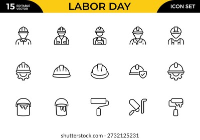Conjunto de Ícones de Contorno de Trabalho - Construção, Renovação e Coleção de Símbolos Lineares do Dia do Trabalho em Estilo Mínimo Plano, Traço Editável, Ilustração Vetorial Moderna