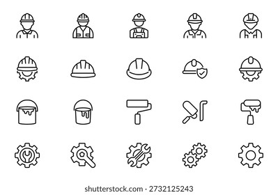 Conjunto de Ícones de Contorno de Trabalho - Construção, Renovação e Coleção de Símbolos Lineares do Dia do Trabalho em Estilo Mínimo Plano, Traço Editável, Ilustração Vetorial Moderna