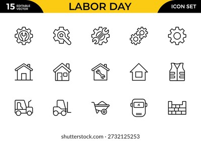 Conjunto de Ícones de Contorno de Trabalho - Construção, Renovação e Coleção de Símbolos Lineares do Dia do Trabalho em Estilo Mínimo Plano, Traço Editável, Ilustração Vetorial Moderna
