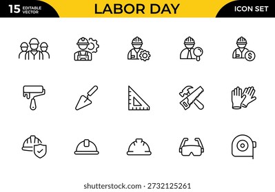 Conjunto de Ícones de Contorno de Trabalho - Construção, Renovação e Coleção de Símbolos Lineares do Dia do Trabalho em Estilo Mínimo Plano, Traço Editável, Ilustração Vetorial Moderna