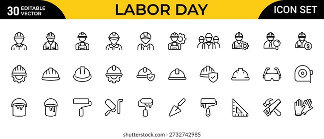 Conjunto de Ícones de Contorno de Trabalho - Construção, Renovação e Coleção de Símbolos Lineares do Dia do Trabalho em Estilo Mínimo Plano, Traço Editável, Ilustração Vetorial Moderna
