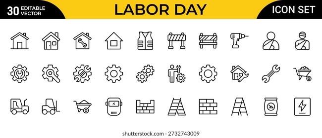 Conjunto de Ícones de Contorno de Trabalho - Construção, Renovação e Coleção de Símbolos Lineares do Dia do Trabalho em Estilo Mínimo Plano, Traço Editável, Ilustração Vetorial Moderna