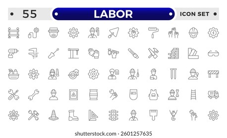 Labor outline icon set. Contains linear outline icons like Helmet, Screwdriver, Worker, Vest, Flag, Crane, Brick, Roller, Gear, Construction, Builder, Factory, Hardhat.
