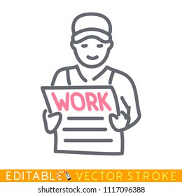 Labor Person Reading Work Newspaper. Editable Stroke Sketch Icon. Stock Vector Illustration.