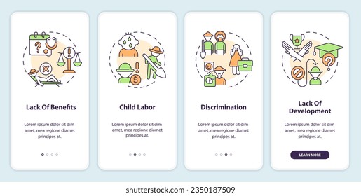 Labor problems in agriculture onboarding mobile app screen. Social issue walkthrough 4 steps editable graphic instructions with linear concepts. UI, UX template. Myriad Pro-Bold, Regular fonts used