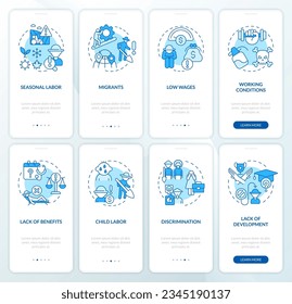 Labor problems in agriculture sector blue onboarding mobile app screen set. Walkthrough 4 steps editable graphic instructions with linear concepts. UI, UX template. Myriad Pro-Bold, Regular fonts used