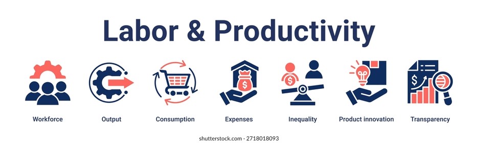Mão de obra e produtividade ícone web vetor ilustração conceito para negócios com ícone de força de trabalho, saída, consumo, despesas, desigualdade, inovação do produto.