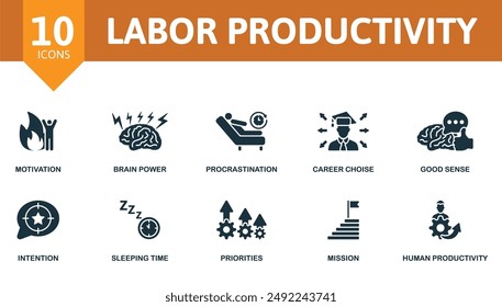 Labor Productivity icon set. Motivation, Brain Power, Procrastination, Career Choise, Good Sense, Intention, Sleeping Time, Priorities, Mission, Human Productivity icons.