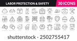 Labor protection and safety Outline Vector Icon Collection. A set of outline icons related to Insurance, Fire exit, Notification, Safety signs, Overalls and more. Editable stroke. Vector illustration