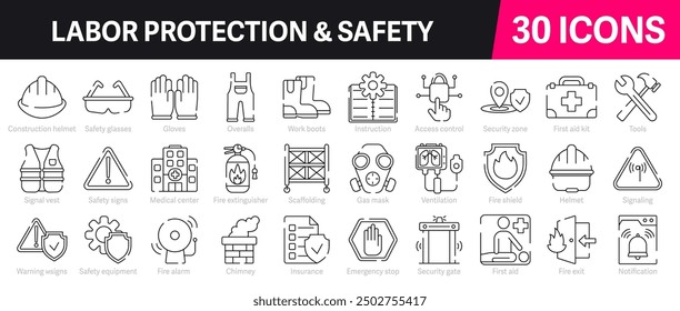 Labor protection and safety Outline Vector Icon Collection. A set of outline icons related to Insurance, Fire exit, Notification, Safety signs, Overalls and more. Editable stroke. Vector illustration