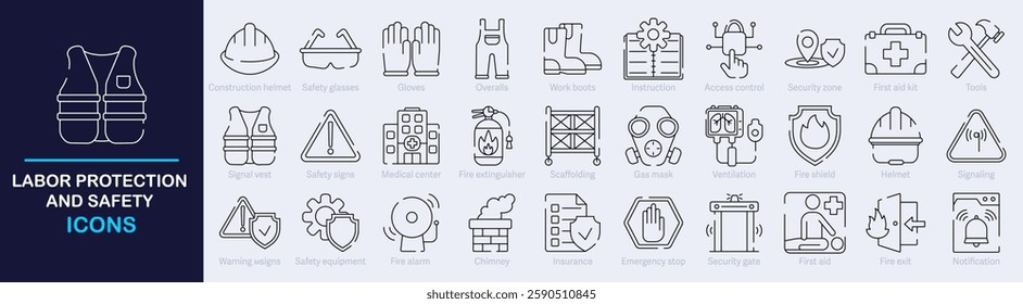 Labor protection and safety Outline Vector Icon Collection. A set of outline icons related to Insurance, Fire exit, Notification, Safety signs, Overalls and more. Editable stroke. Vector illustration