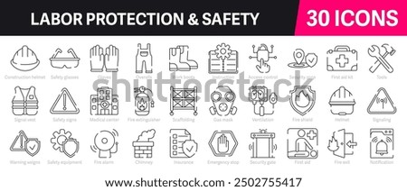 Labor protection and safety Outline Vector Icon Collection. A set of outline icons related to Insurance, Fire exit, Notification, Safety signs, Overalls and more. Editable stroke. Vector illustration