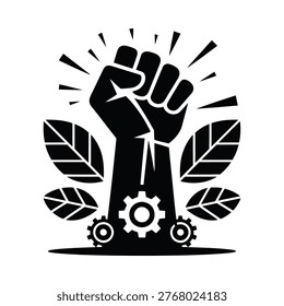 Labor raised fist that is surrounded by leaves for nature evironment and gear elements