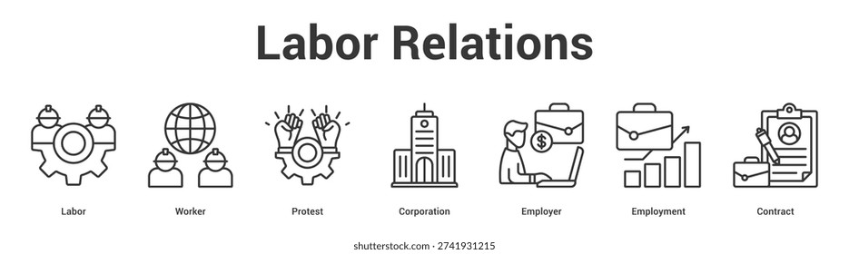 Labor Relations web banner icon set vector illustration concept for business with icon of Labor, Worker, Protest, Corporation, Employ.