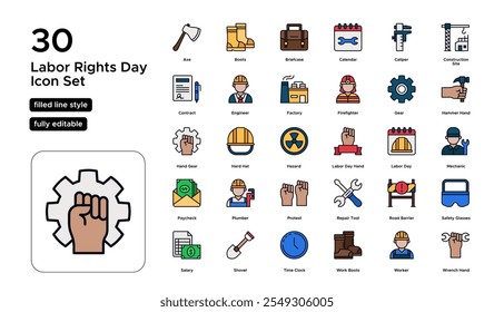 Labor Rights Day Filled Line Icon Set: Workers' Rights, Fair Wages, and Workplace Equality Icons