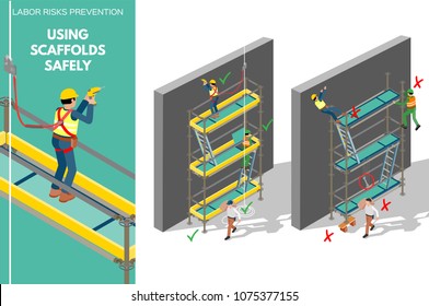 Labor risks prevention about using scaffolds safely. Isometric design infography with good and bad use of scaffolds. Vector illustration.