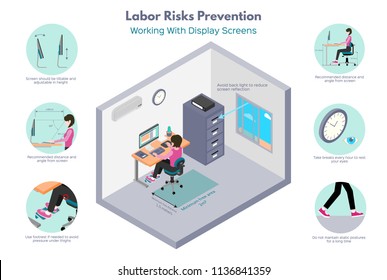 Labor risks prevention. Office works. Recomendations about working with display screens. Isometric illustration, isolated on white background.