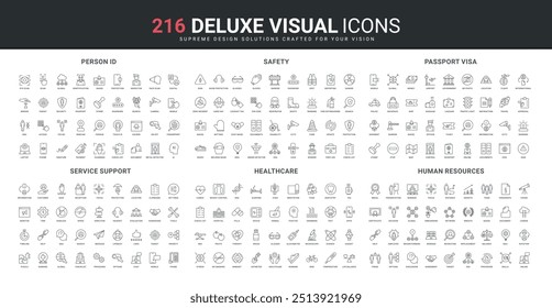 Segurança do trabalho, segurança cibernética e varredura biométrica, carimbo de visto internacional e passaporte, conjunto de ícones de linha de RH. Configurações e ferramentas de serviço de suporte ilustração vetorial de símbolos de contorno preto fino