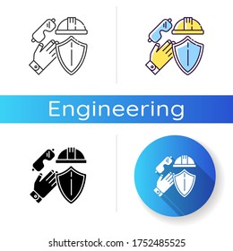 Labor safety icon. Uniform to work on heavy production. Civil engineering gear. Protection headwear for manufacturing worker. Linear black and RGB color styles. Isolated vector illustrations