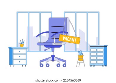 Labor Shortage, Need Worker, Not Enough Skill Staff To Fill Job Vacancy, Help Wanted, Employment Demand, Business Hiring And Recruiting Concept. Workplace, Workspace And Office Chair With Sign Vacant.