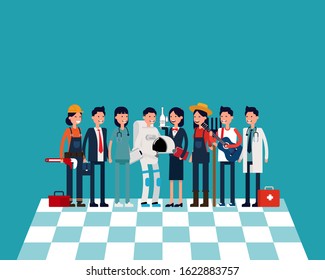 Labor team concept. Mixed career character. Vector illustration in cartoon style.